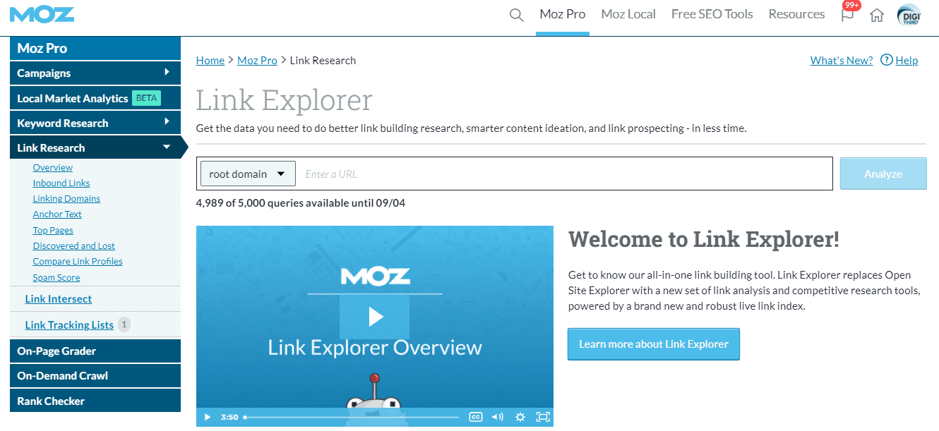 Moz link explorer home page screen shot