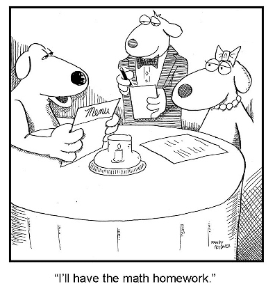 Cartoon of dogs ordering math homework at restaurant 