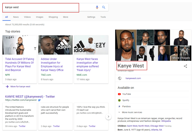 Kanye West in Google search results