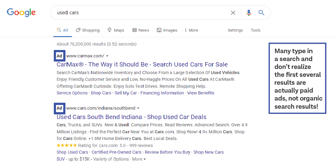 SERP google ads for used cars