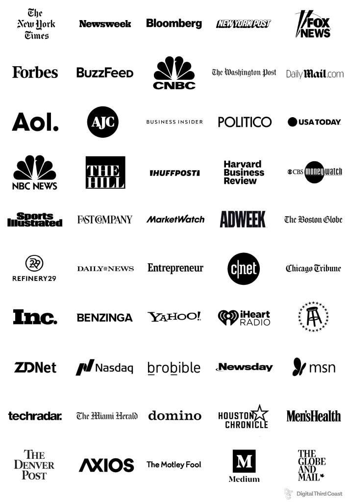 Brand logos for the top 50 media outlets we earned in 2020 including NBC News, The Hill, Adweek, inc., Yahoo, USA Today, and the New York Times. 