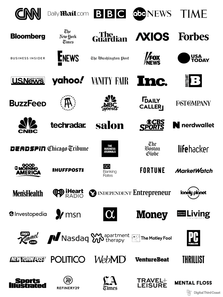 Black and white media logos of national media outlets. 