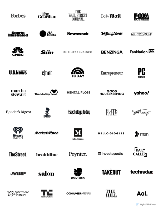 Media logos for 50 major national publications