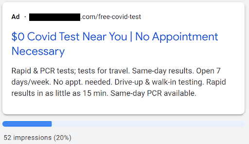 Screenshot of a Google ad for Covid tests 