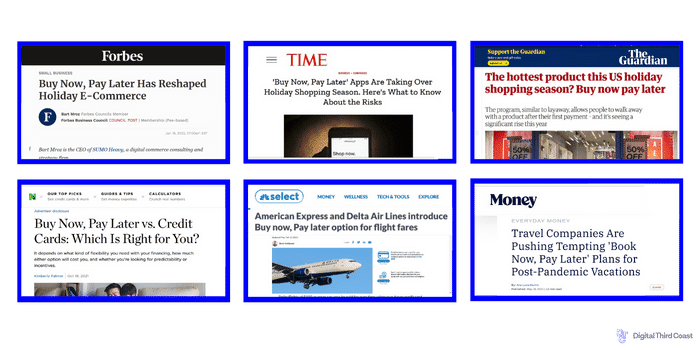 Screenshot of six news articles in major publications 