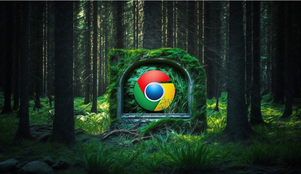 Midjourney image of a forest and Google Chrome icon.