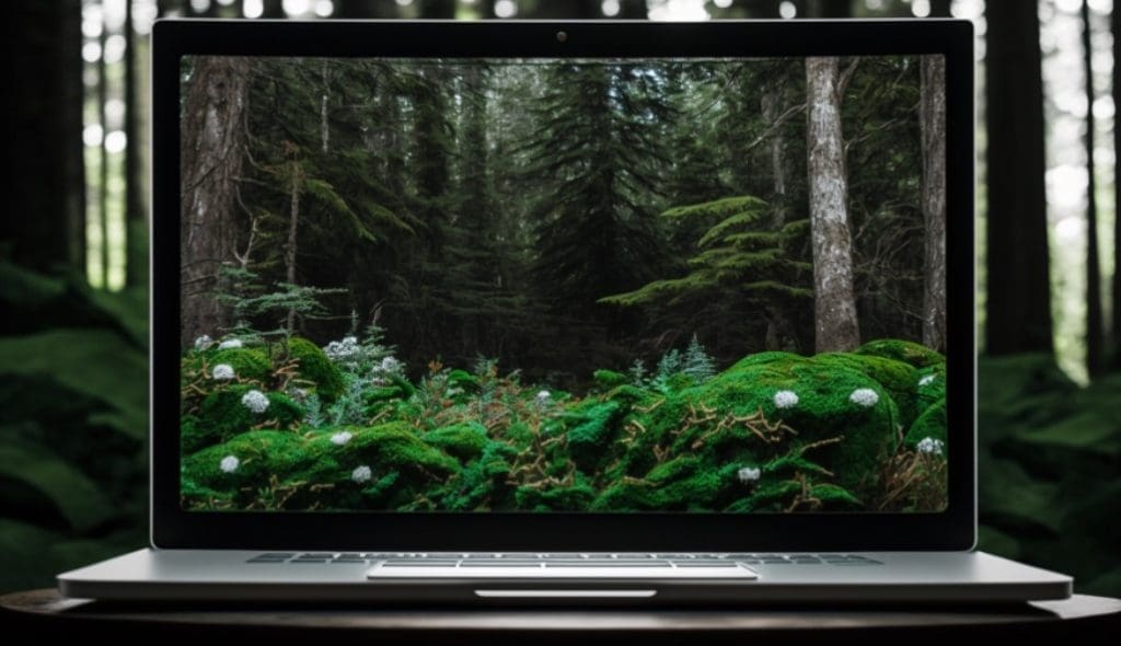 Midjourney image of a laptop in a forest