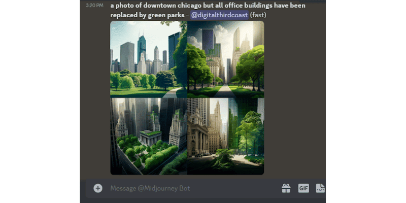 AI Midjourney graphic: a photo of downtown Chicago but all of the buildings have been replaced by green parks. 