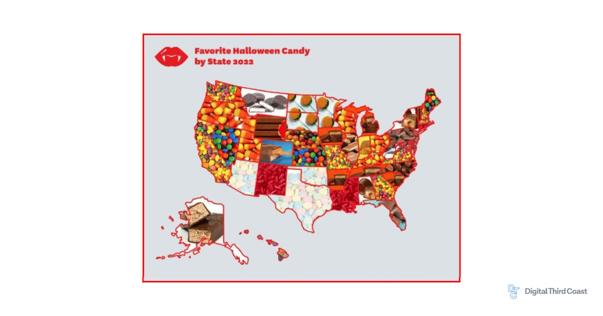 A map showing the most popular Halloween candy in each state