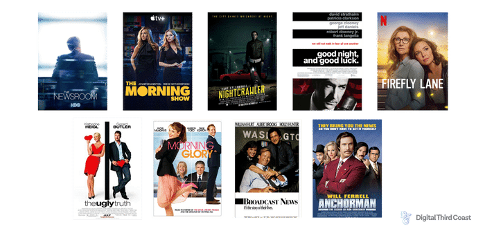 A variety of movies and TV shows that are about broadcast journalists.
