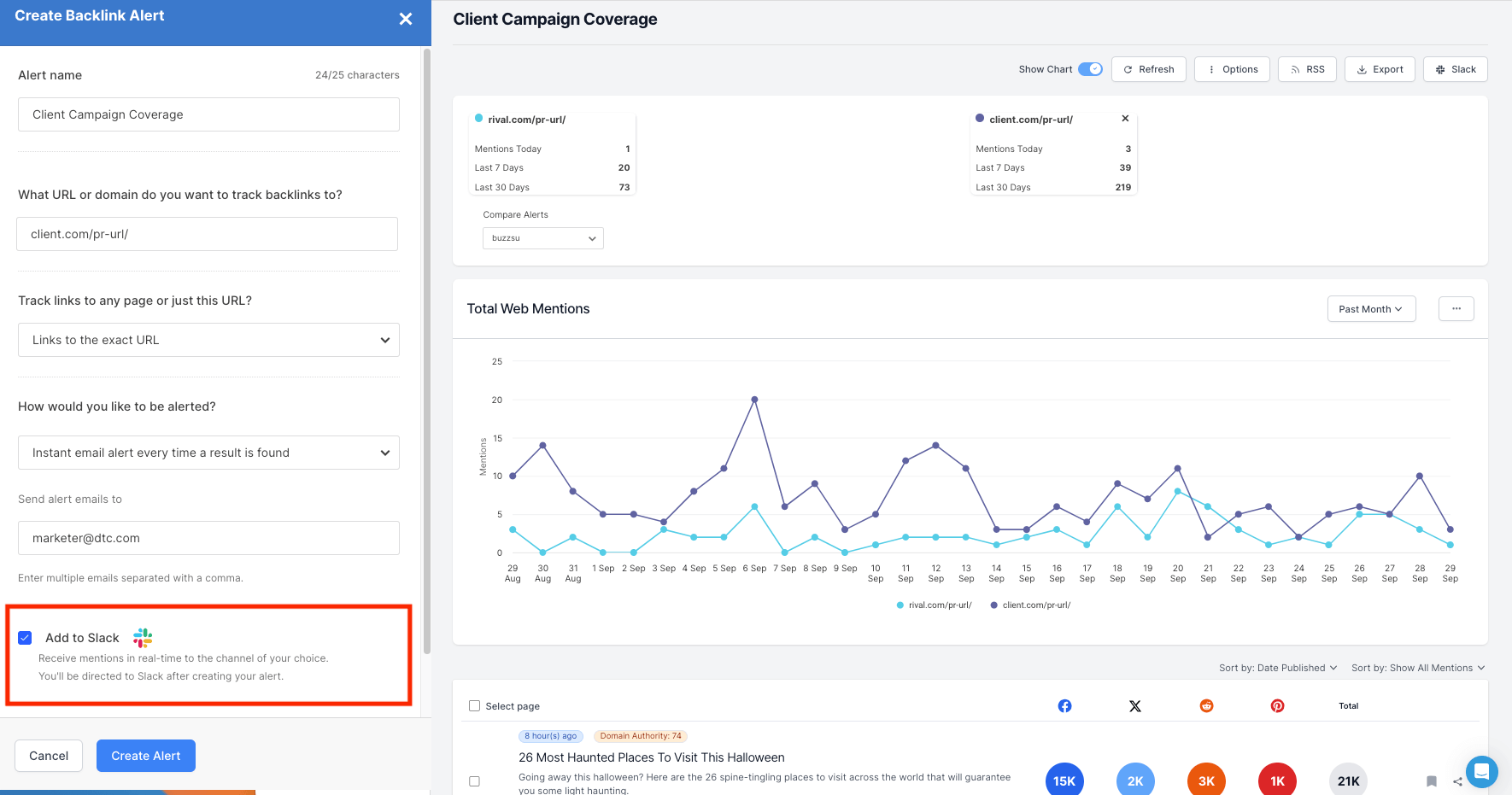 Buzzsumo's monitoring and alerts showing the ability to set up a backlink alert integrated with Slack