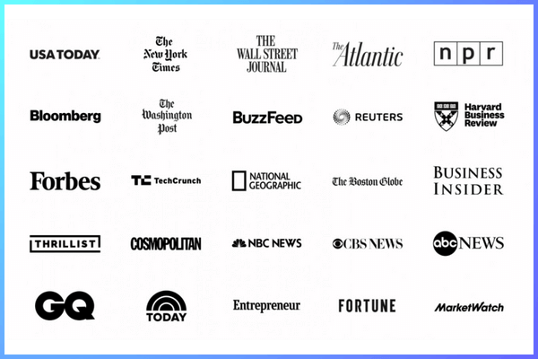 Black and white media logos organized in a grid