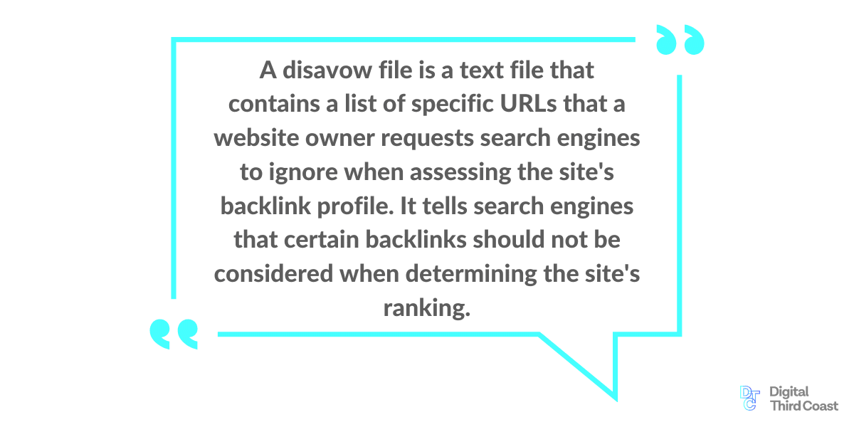 Quote box: a disavow file is a text file that contains a list of specific urls that a website owner requests search engines ignore. 