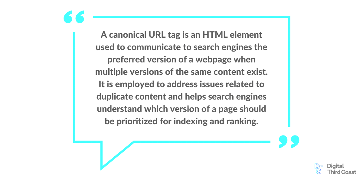 Graphic: Text box that includes this quote: “A canonical URL tag is an HTML element used to communicate to search engines the preferred version of a webpage when multiple versions of the same content exist. It is employed to address issues related to duplicate content and helps search engines understand which version of a page should be prioritized for indexing and ranking.”
